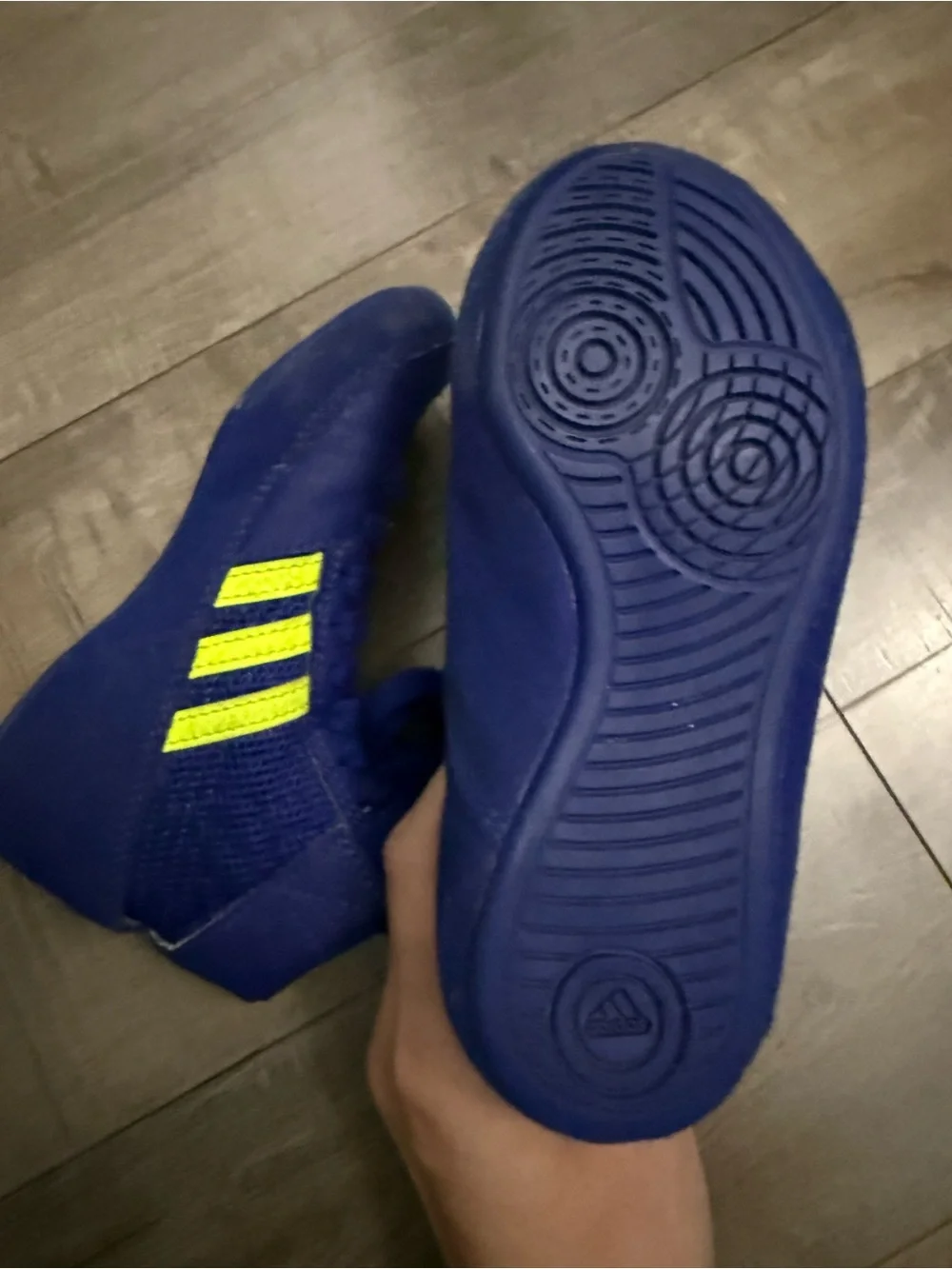 Adidas Youth Wrestling Royal Blue shoes with Neon Yellow Stripes